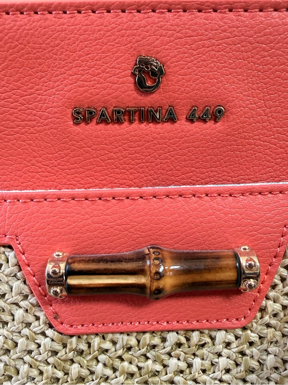 Spartina 449 Coral Woven Bamboo Handle Tote & Matching Wallet Set EUC - Picture 13 of 16